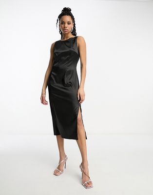Urban Threads satin midi dress with slit in black