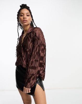 Urban Threads satin plisse oversized shirt in chocolate brown - part of a set