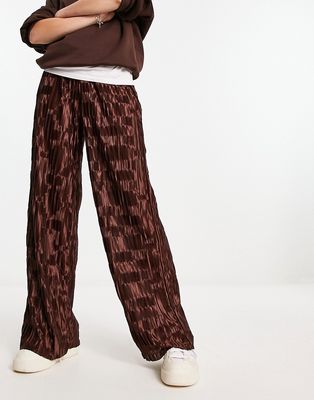 Urban Threads satin plisse wide leg pants in chocolate brown - part of a set