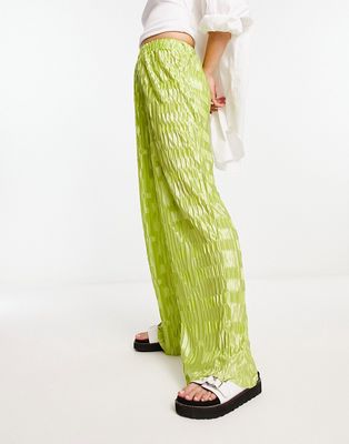 Urban Threads satin plisse wide leg pants in lime - part of a set-Green