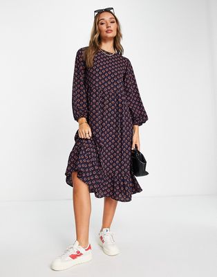 Urban Threads tiered midi smock dress in navy floral