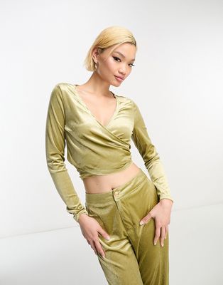 Urban Threads velvet wrap top in chartreuse - part of a set-Green