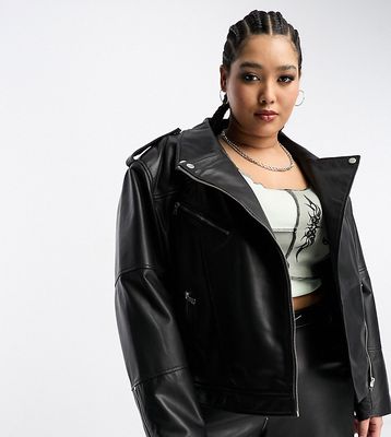Urbancode Curve real leather oversized biker jacket in black
