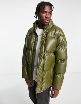 Urbancode faux leather puffer jacket in khaki-Green