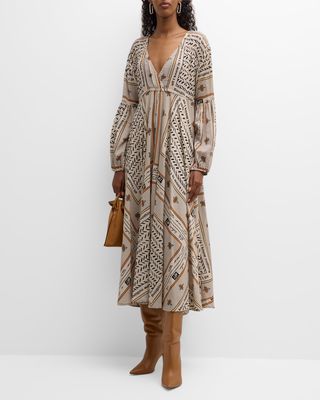 Urul Graphic-Print Blouson-Sleeve Midi Dress