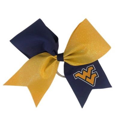 USA LICENSED BOWS West Virginia Mountaineers Jumbo Glitter Bow with Ponytail Holder in Navy