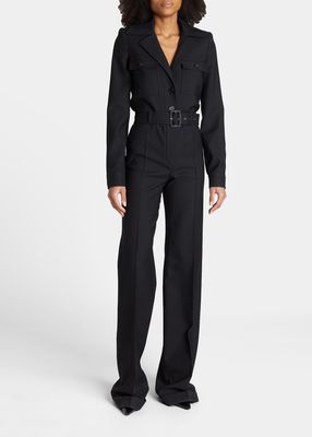 Utility Belted Long-Sleeve Wool Jumpsuit