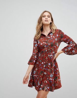 Uttam Boutique Floral Skater Dress With Button Front-Red