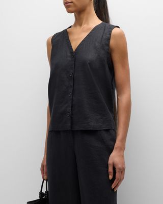 V-Neck Button-Down Organic Linen Vest