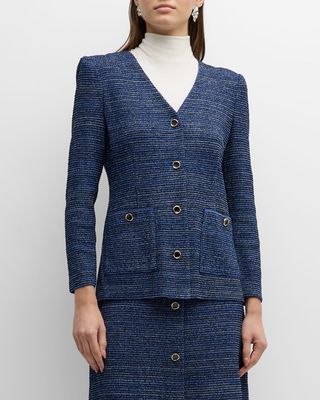 V-Neck Button-Down Shimmer Tweed Jacket