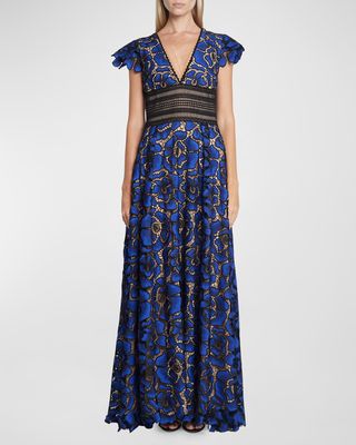 V-Neck Cap-Sleeve Cornflower Embroidered Lace Gown