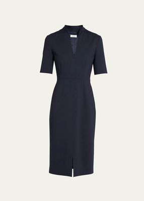 V-Neck Double Wool Stretch Midi Dress
