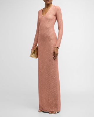V-Neck Long-Sleeve Signature Sequin Twill Knit Gown