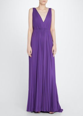 V-Neck Pleated Silk Gown