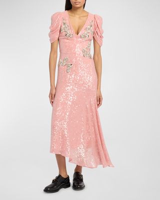 V-Neck Puff-Sleeve Asymmetric Drop-Hem Sequin Midi Dress