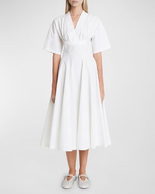 V-Neck Short-Sleeve Fit-&-Flare Poplin Midi Dress
