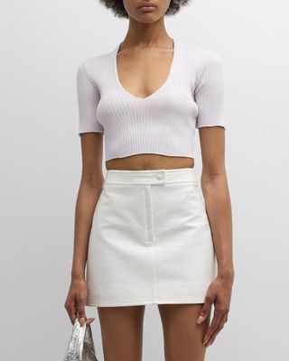 V-Neck Short-Sleeve Rib Crop Sweater