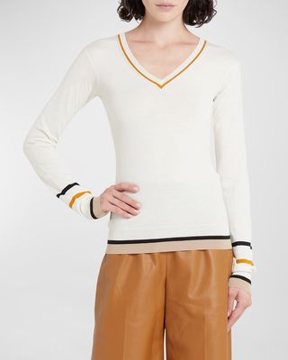V-Neck Stripe Trim Sweater