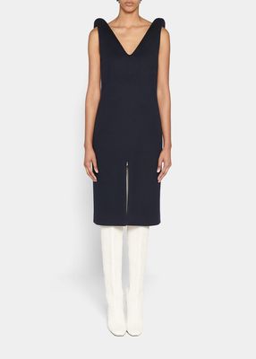 V-Neck Strong-Shoulder Wool Midi Dress