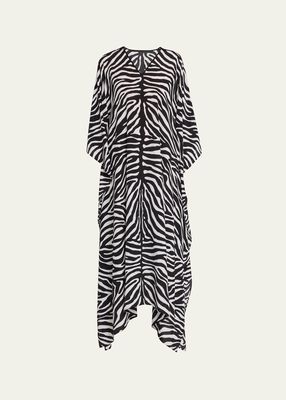 V-Neck Zebra-Print Asymmetric Silk Caftan