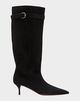 V Suede Buckle Knee Boots