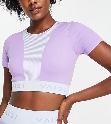 VAI21 seamless two tone cap sleeve top in pastel blue and lilac - part of a set-Multi