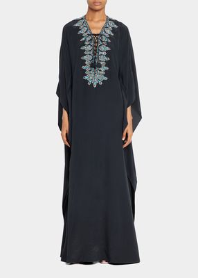 Valentina Bead-Embroidered Lace-Up Silk Kaftan Dress