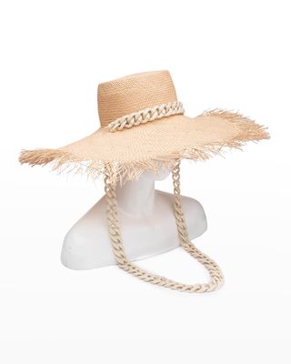 Valentina Frayed Straw Sun Hat w/ Chain Strap