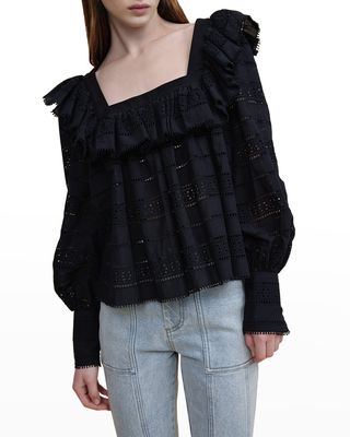 Valentine Cut-Out Embroidered Long Sleeve Ruffled Top