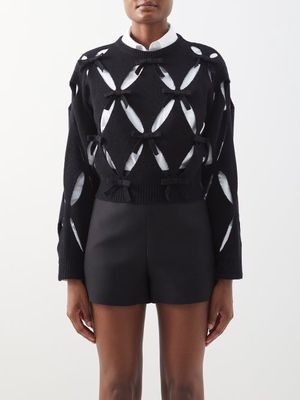 Valentino - Bow-appliqué Cutout Wool Cropped Sweater - Womens - Black