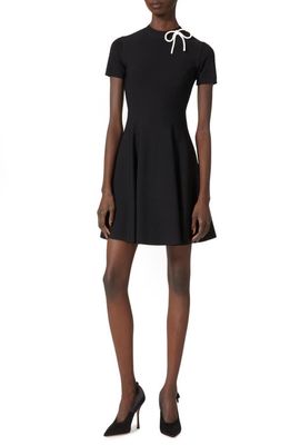Valentino Bow Detail Mock Neck A-Line Dress in Nero