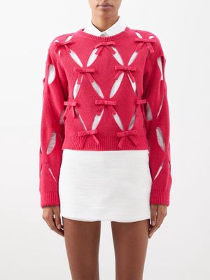 Valentino - Bow-tied Cutout Wool Cropped Sweater - Womens - Dark Pink