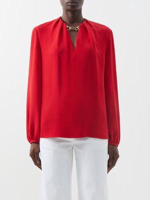 Valentino - Cady Couture Chain-embellished Silk Blouse - Womens - Red