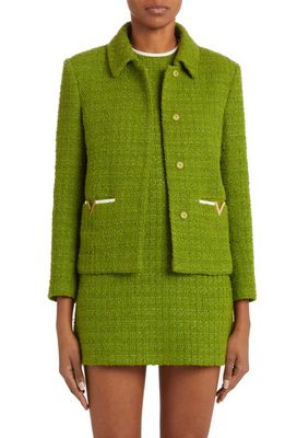 Valentino Contrast Trim Tweed Crop Jacket in Celery Green