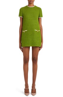 Valentino Contrast Trim Tweed Shift Minidress in Celery Green/Avorio