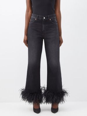 Valentino - Detachable Ostrich-feather Cuff Cropped Jeans - Womens - Black