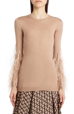 Valentino Feather Detail Long Sleeve Virgin Wool Sweater in Avorio