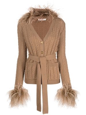 Valentino feather-trim belted cardigan - Brown