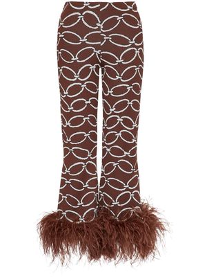 Valentino feather-trim chain-print trousers - Brown
