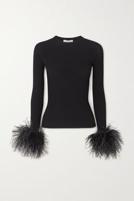 Valentino - Feather-trimmed Ribbed-knit Top - Black