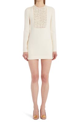 Valentino Floral Embroidered Long Sleeve Crepe Minidress in A03 Avorio