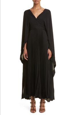 Valentino Garavani Cape Effect Long Sleeve Pleated Silk Maxi Dress in 0No-Nero