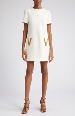 Valentino Garavani Chain Embroidered Short Sleeve Crepe Couture Shift Dress in Avorio/Gold