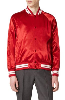 Valentino Garavani Crest Logo Satin Baseball Jacket in Rosso