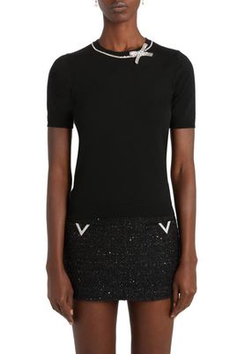 Valentino Garavani Crystal Bow Short Sleeve Virgin Wool Crewneck Sweater in Nero/Silver