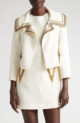 Valentino Garavani Embellished Collar Virgin Wool & Silk Crop Jacket in Avorio/Gold