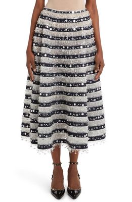 Valentino Garavani Embroidered Sequin Stripe Silk A-Line Skirt in Avorio/Navy/Silver