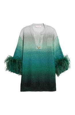 Valentino Garavani Feather Cuff Metallic Gradient Sweater-Minidress in Verde/Multicolor
