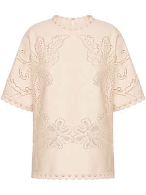 Valentino Garavani floral-motif open-knit T-shirt - Neutrals