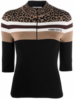 Valentino Garavani leopard print panel half-zip jumper - Black